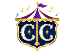 Character Carousel crest logo with circus tent and musical notes